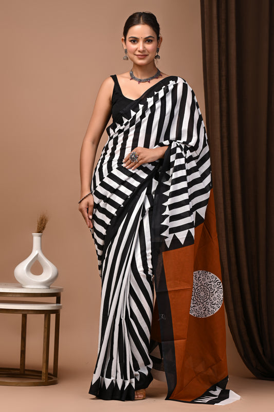 Noir Cotton Mulmul Chevron Stripe Saree