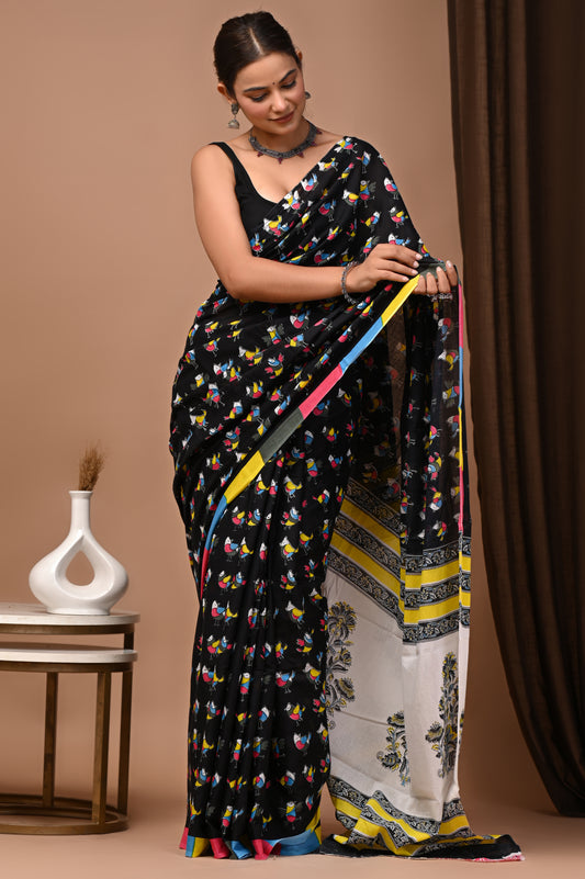 Noir Cotton Mulmul Songbird Print Saree