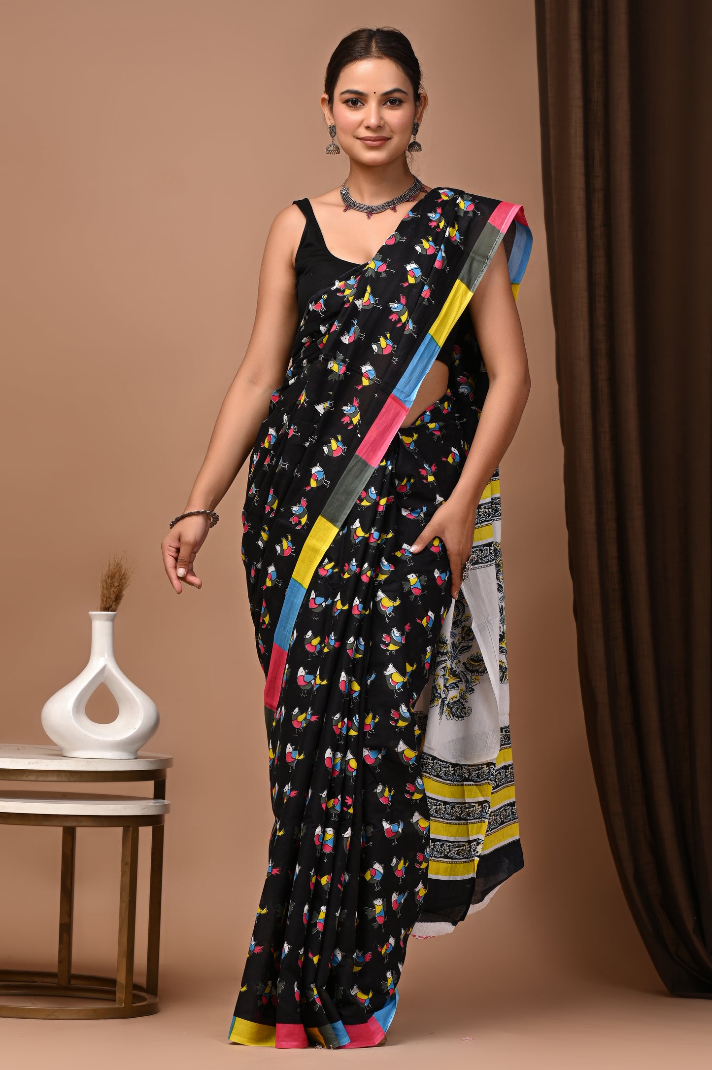 Noir Cotton Mulmul Songbird Print Saree