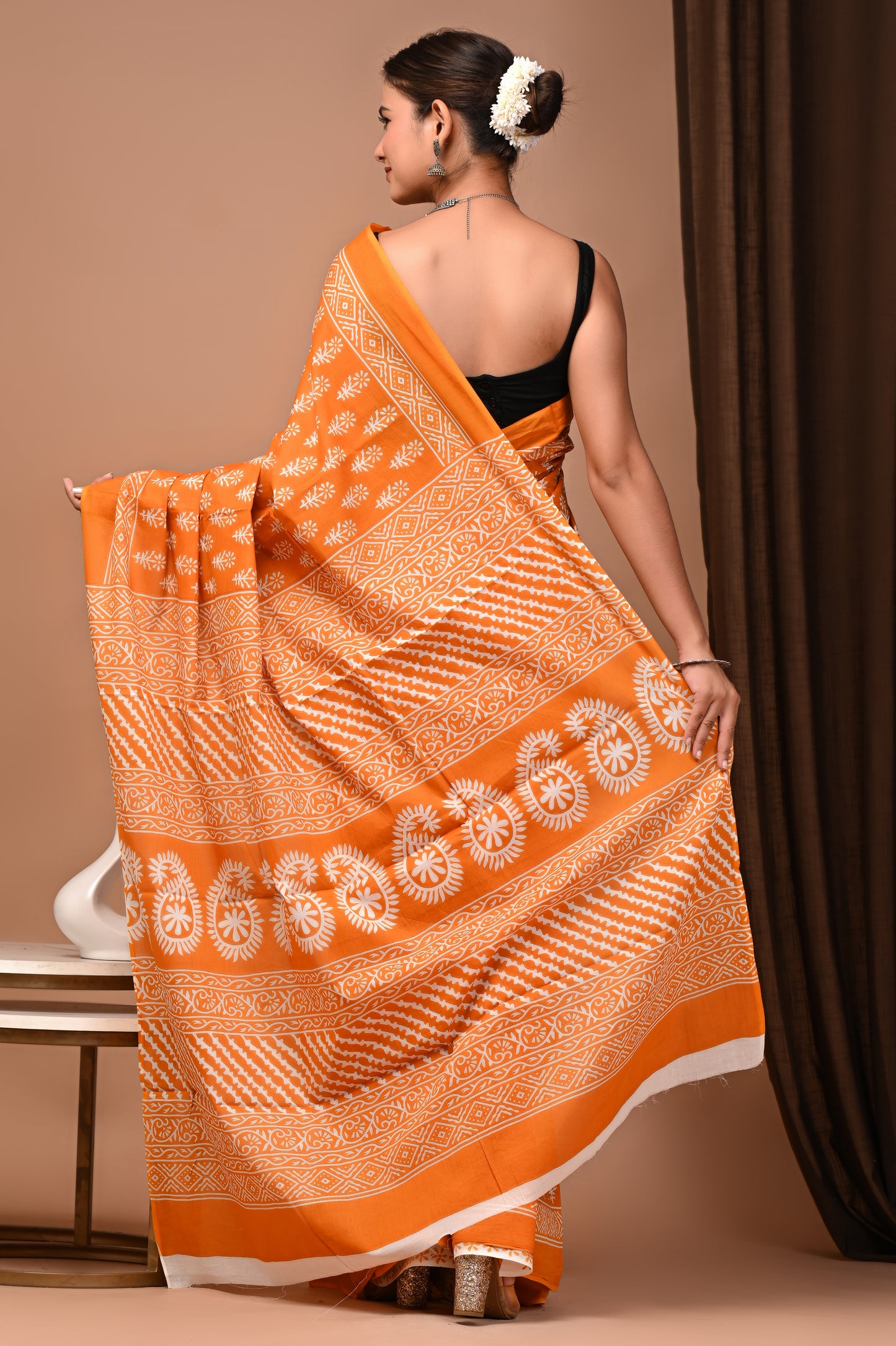 Orange Cotton Mulmul Booti Print Saree