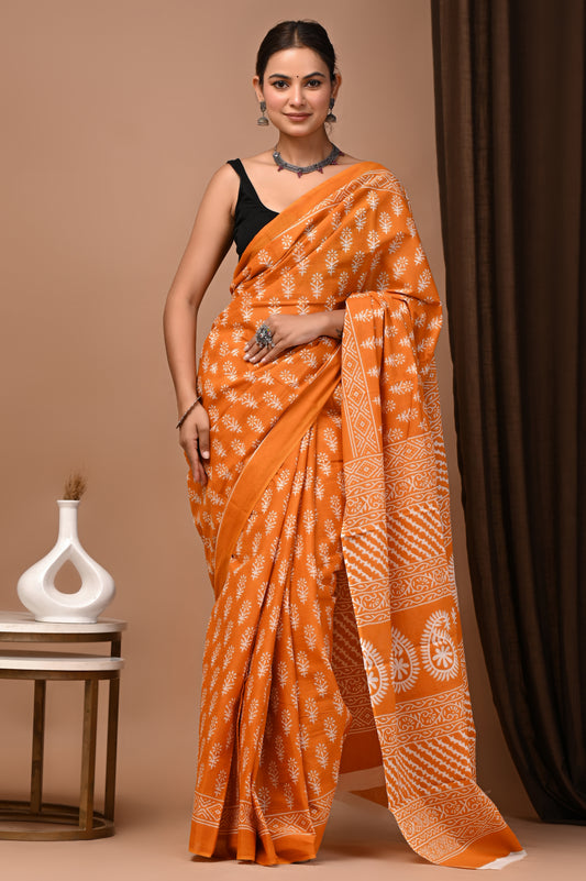 Orange Cotton Mulmul Booti Print Saree