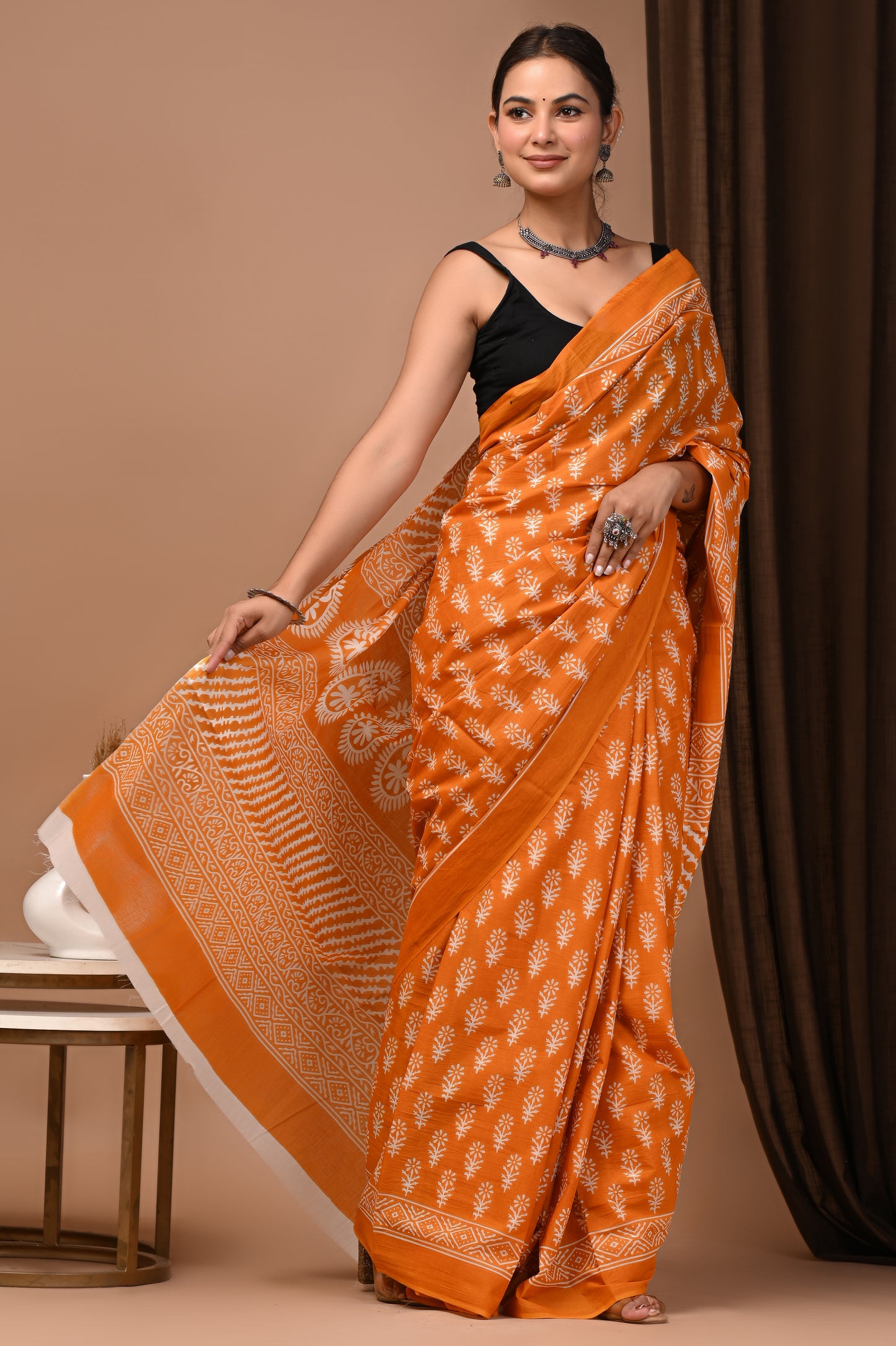 Orange Cotton Mulmul Booti Print Saree