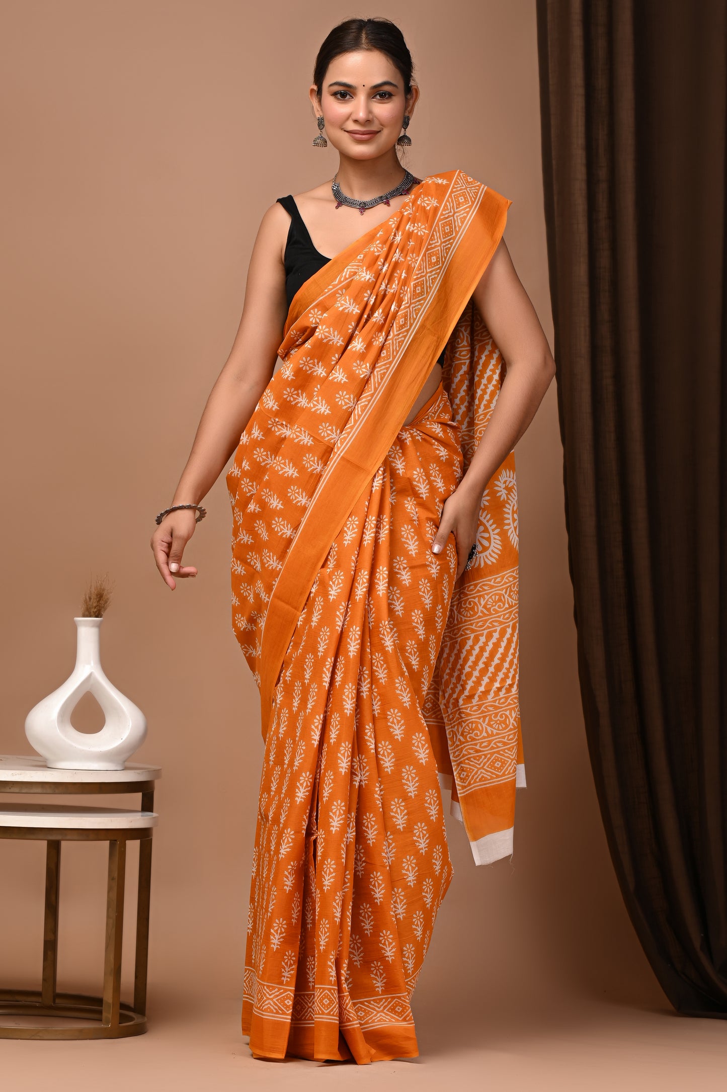 Orange Cotton Mulmul Booti Print Saree
