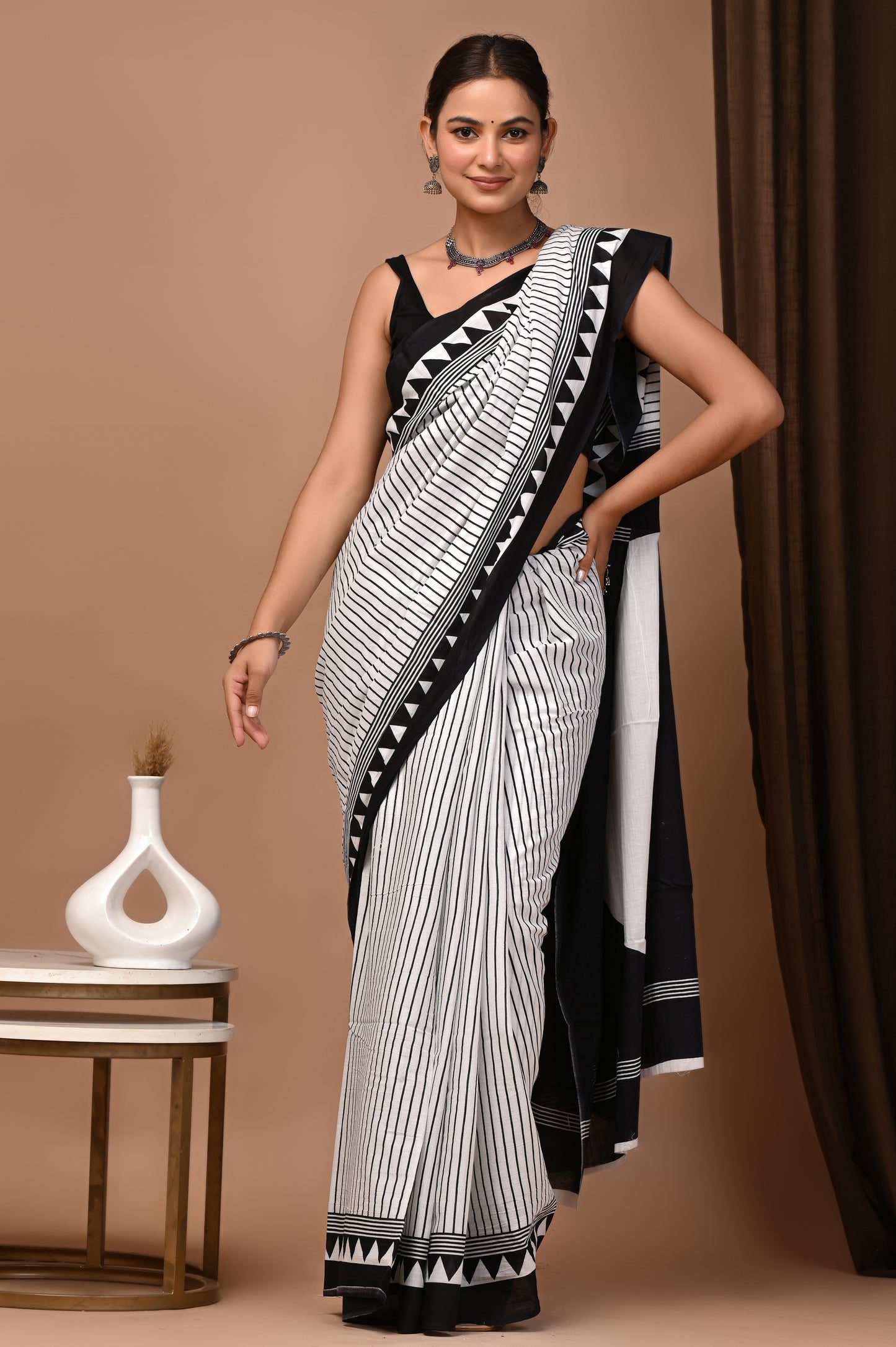 Ivory Cotton Mulmul Pinstripe Print Saree
