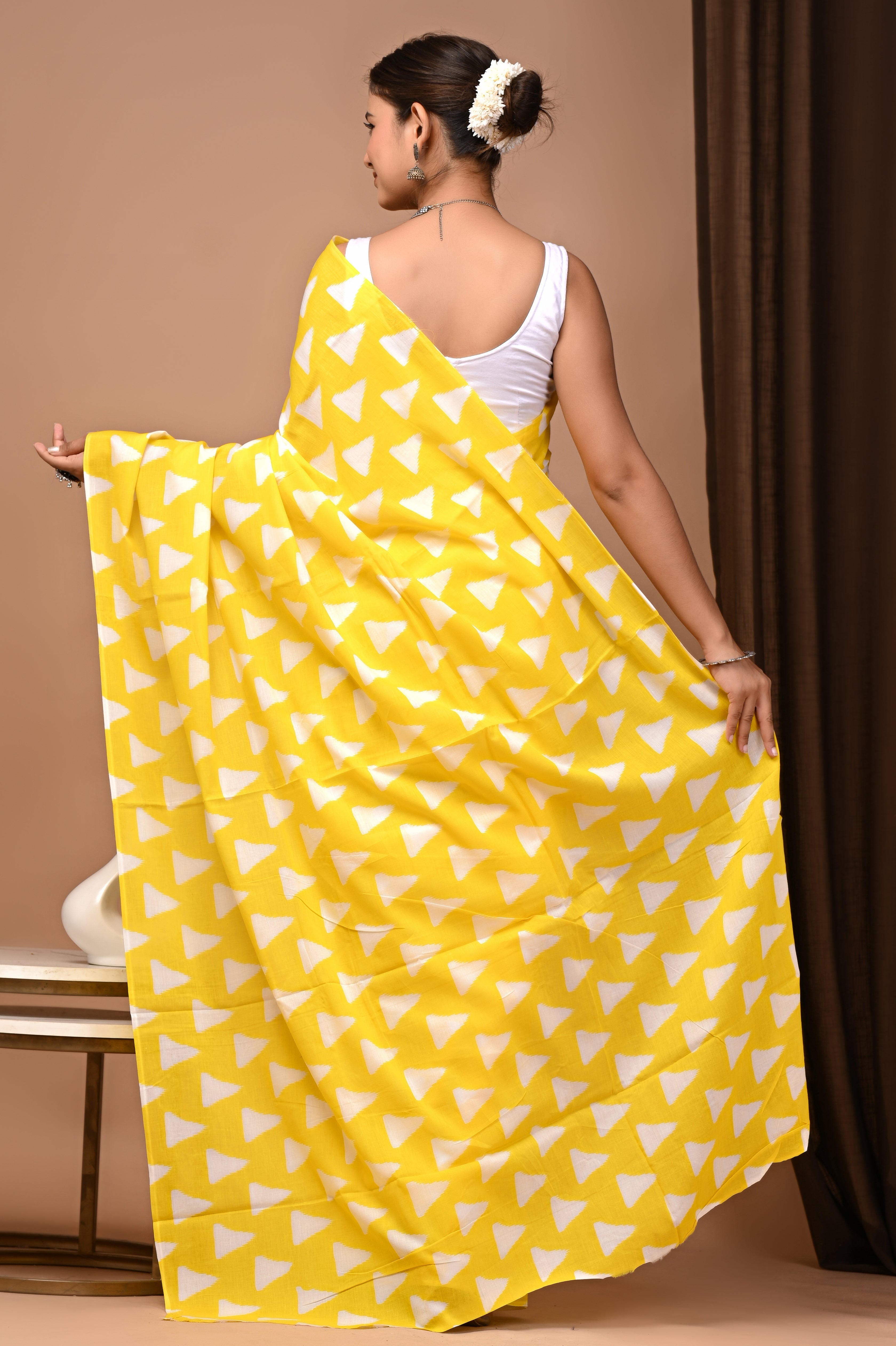 Sunshine Yellow Cotton Mulmul Ikat Triangle Saree