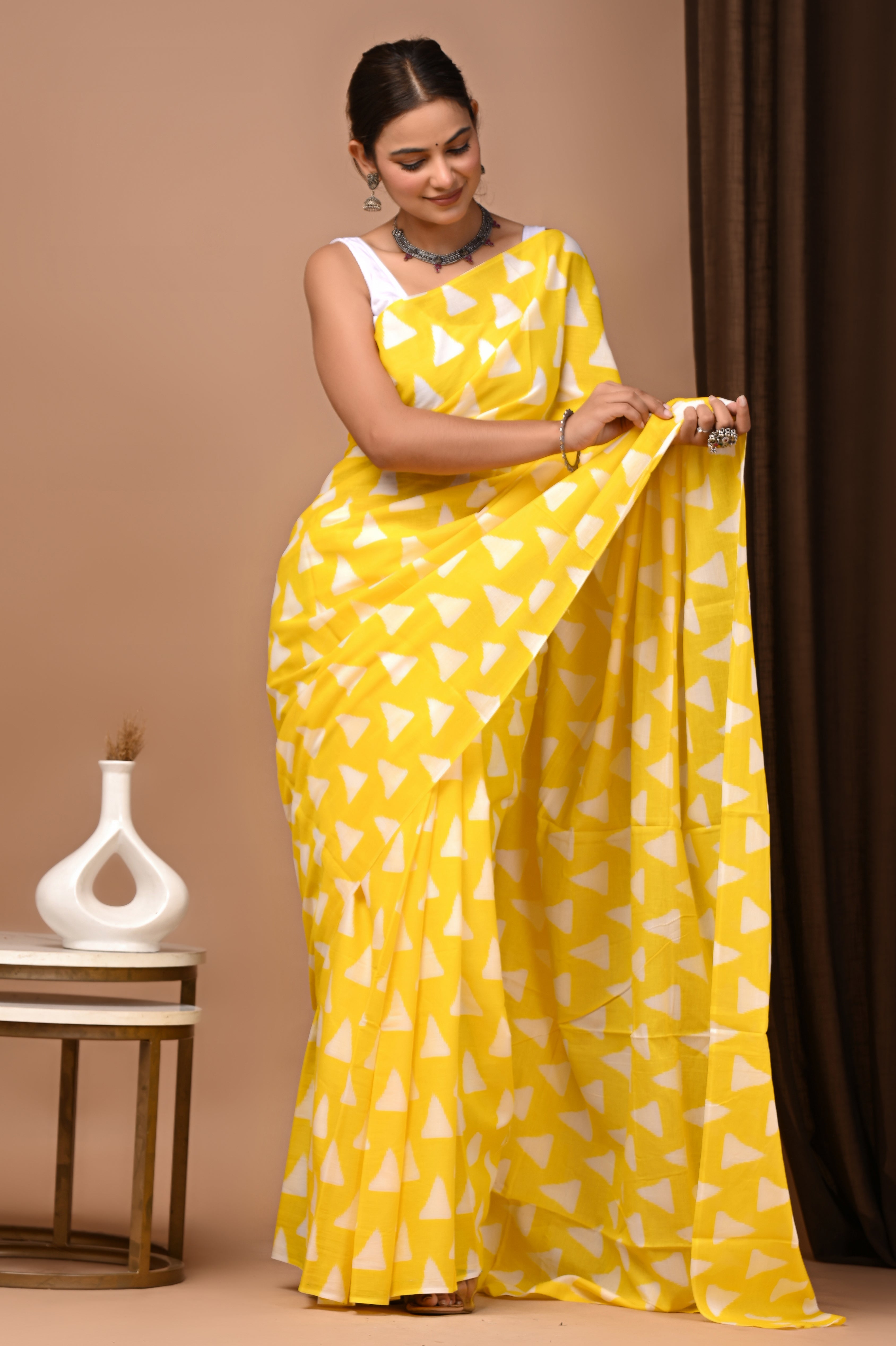 Sunshine Yellow Cotton Mulmul Ikat Triangle Saree