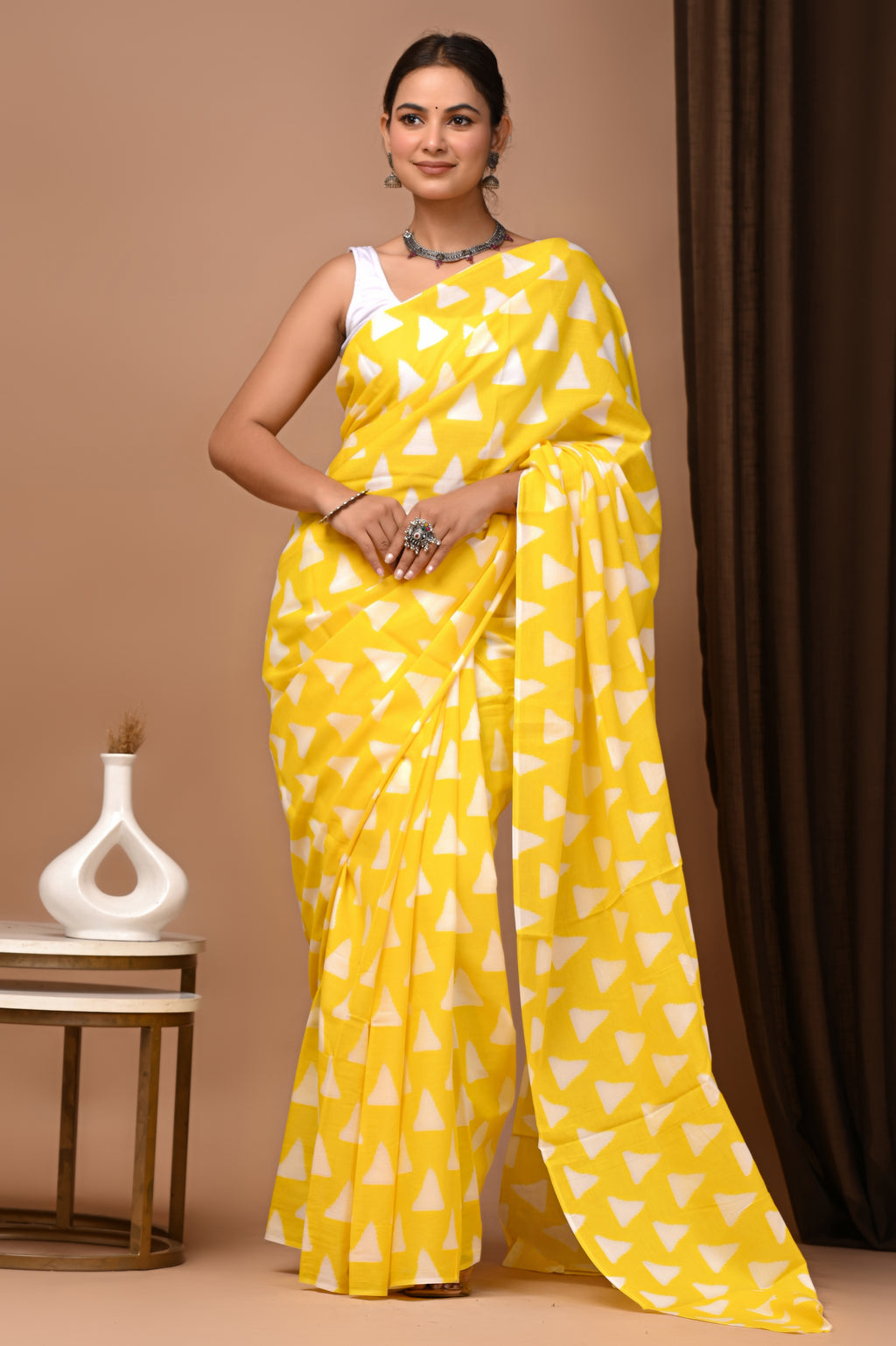 Sunshine Yellow Cotton Mulmul Ikat Triangle Saree