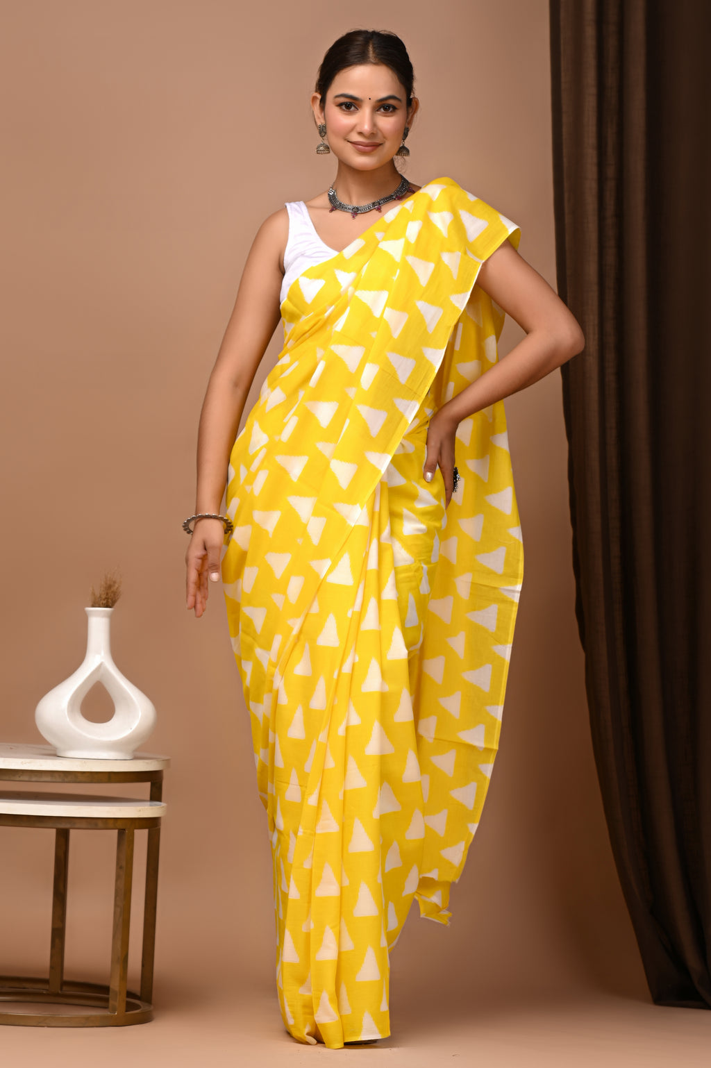 Sunshine Yellow Cotton Mulmul Ikat Triangle Saree