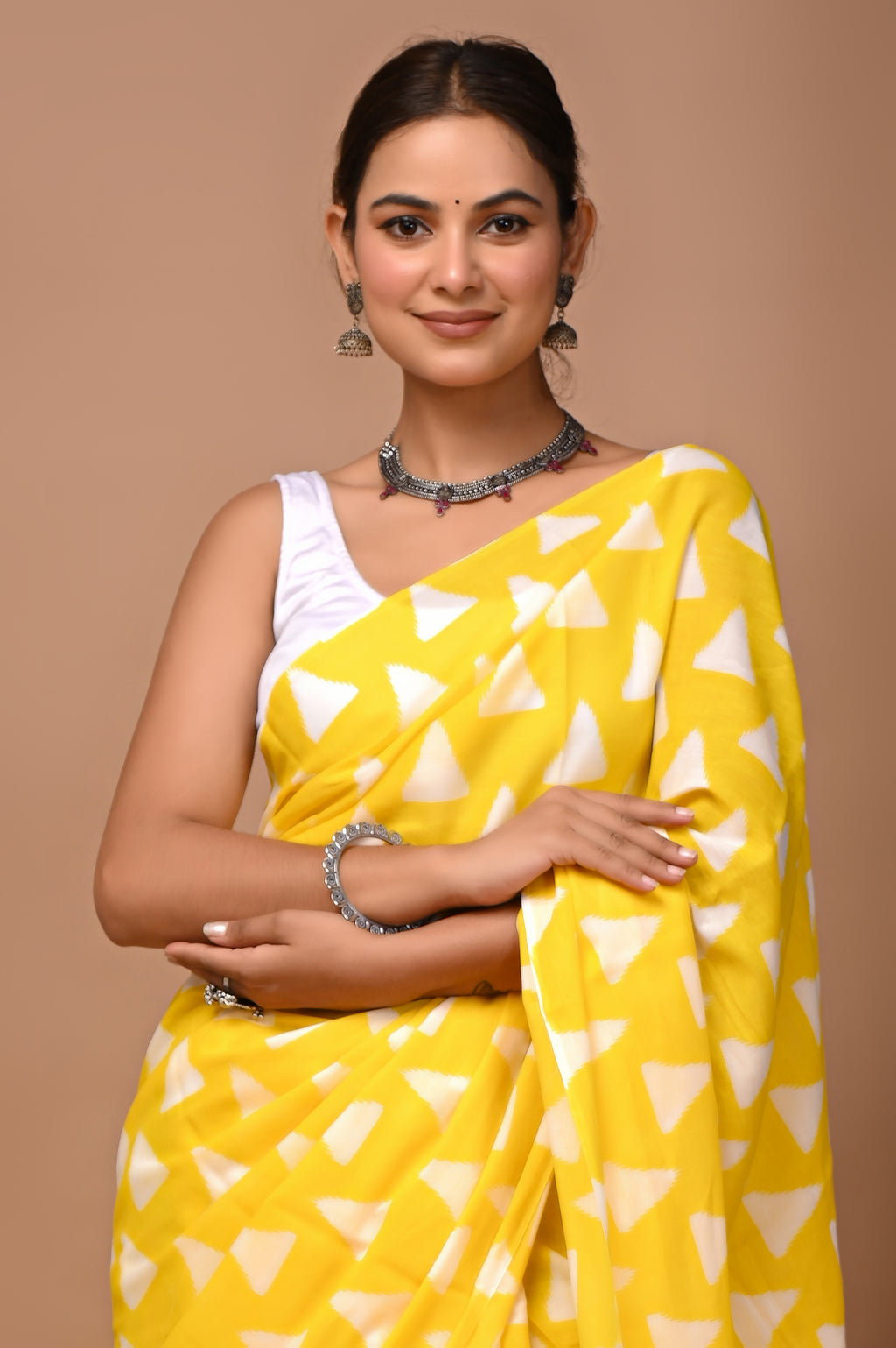 Sunshine Yellow Cotton Mulmul Ikat Triangle Saree