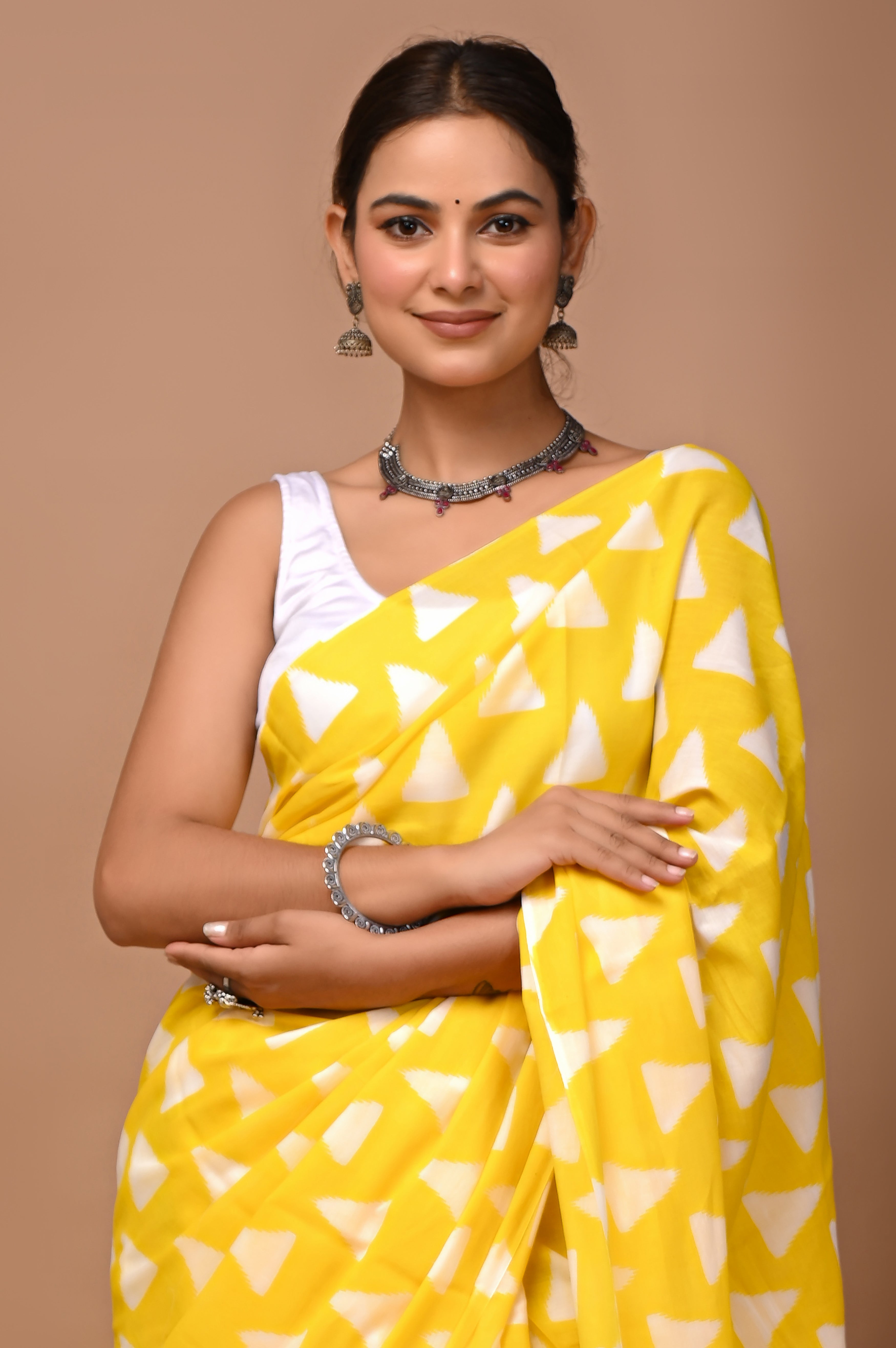 Sunshine Yellow Cotton Mulmul Ikat Triangle Saree