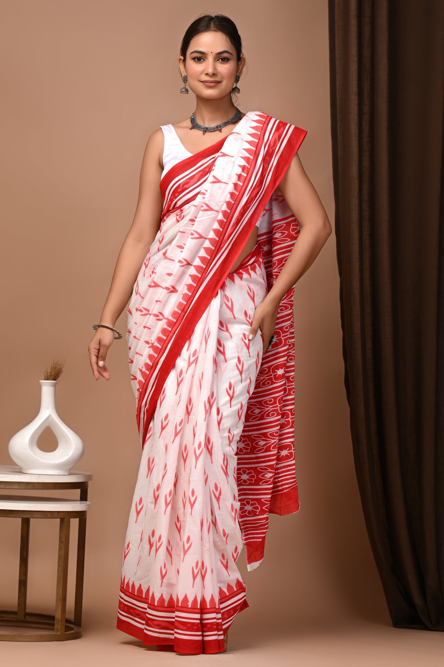 Ivory Red Cotton Mulmul Ikat Leaf Print Saree