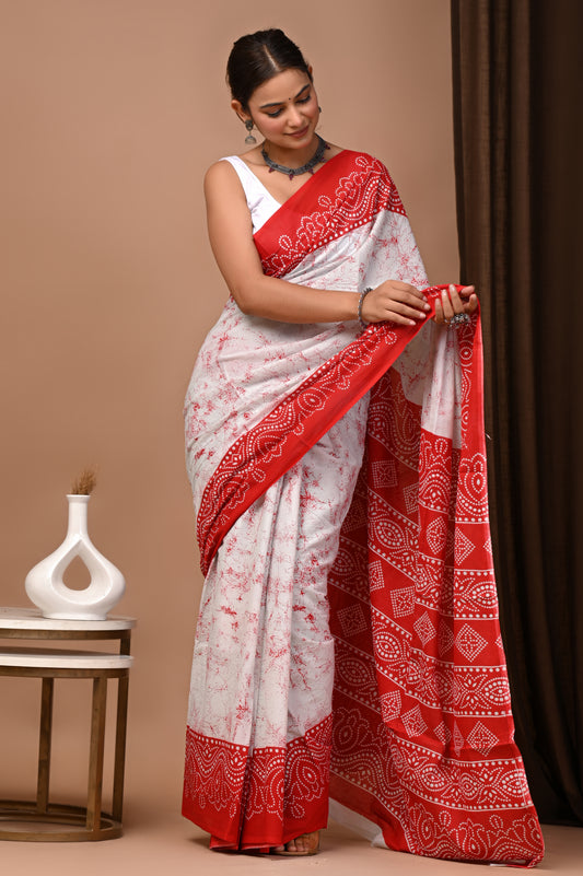 Ivory Red Cotton Mulmul Batik Print Saree